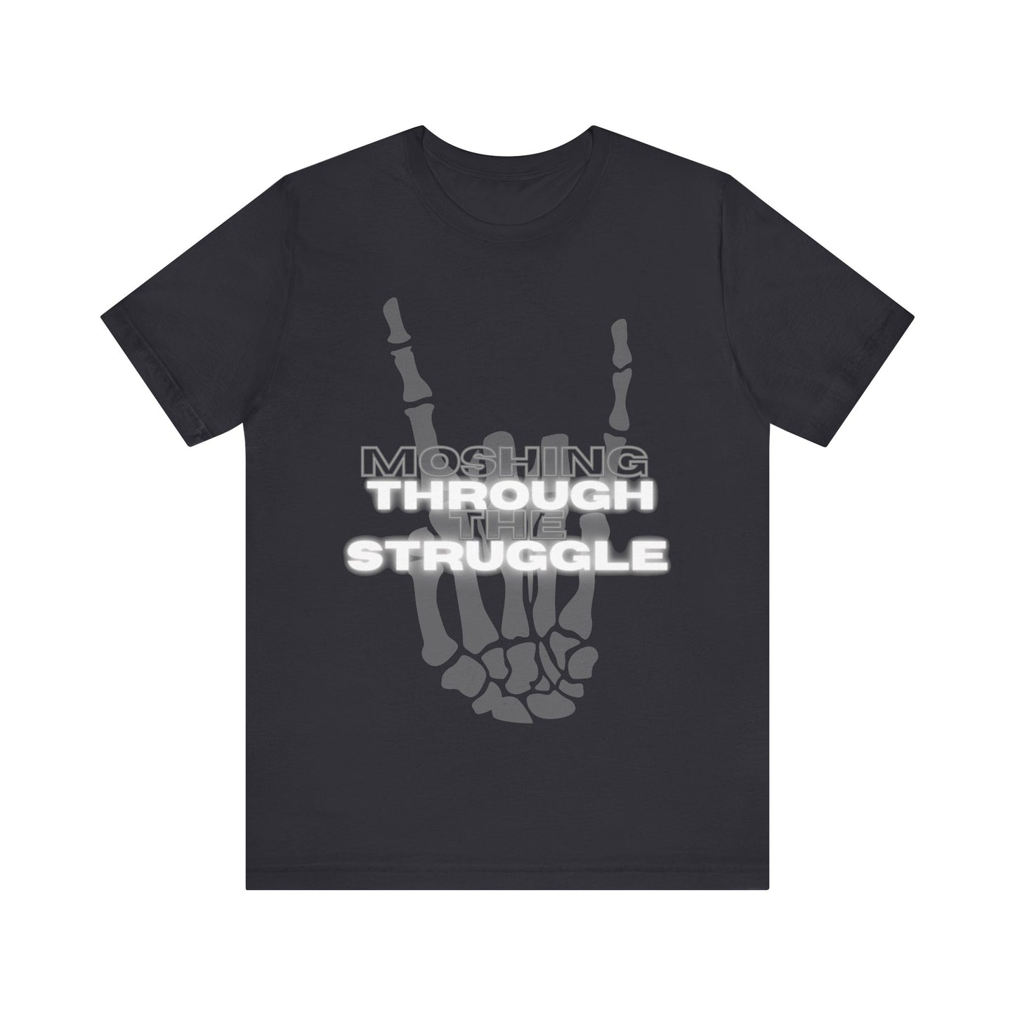 close up, Dark Grey colored , short sleeved Moshing Through the Struggle Shirt