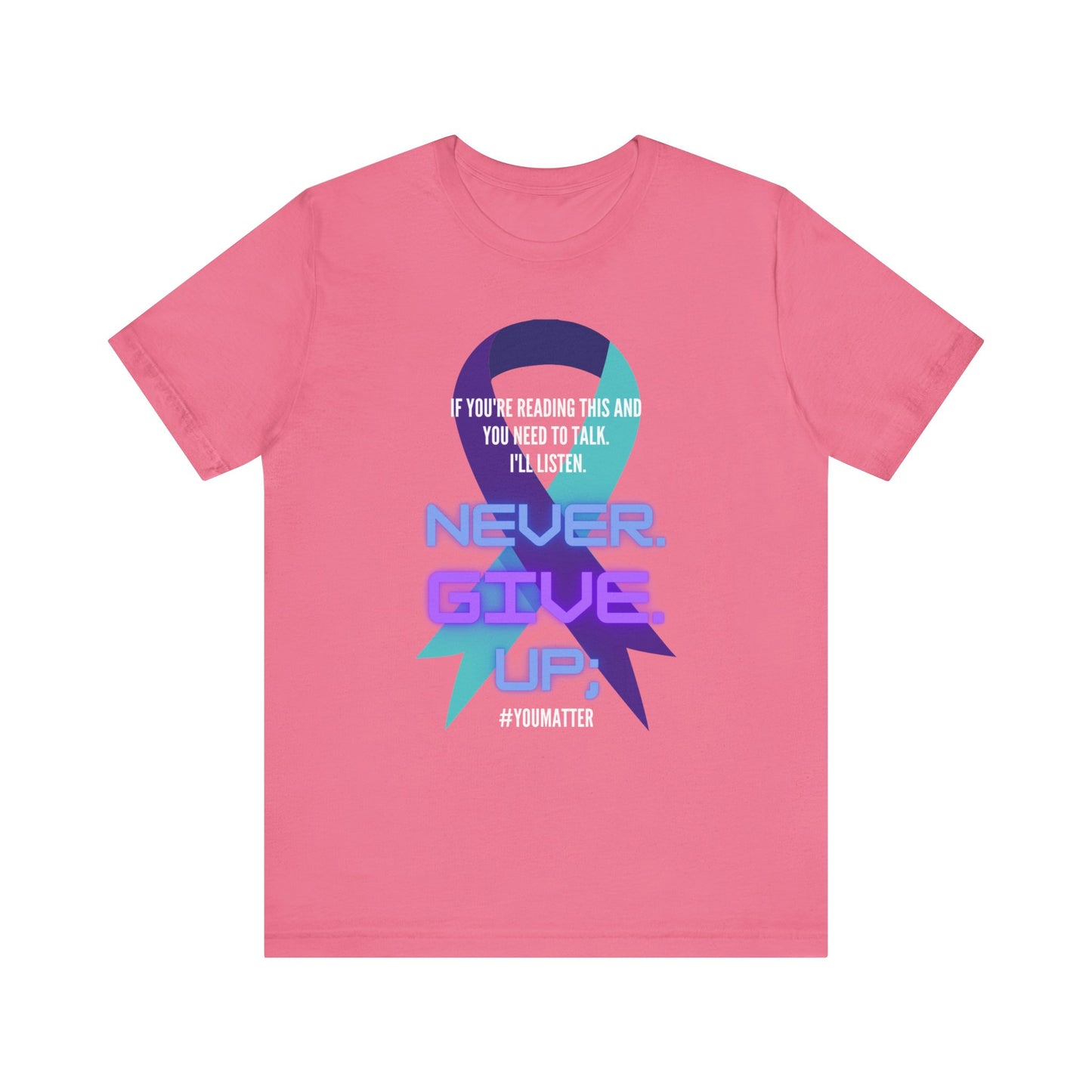 close up, Charity Pink colored Never Give Up short sleeved shirt