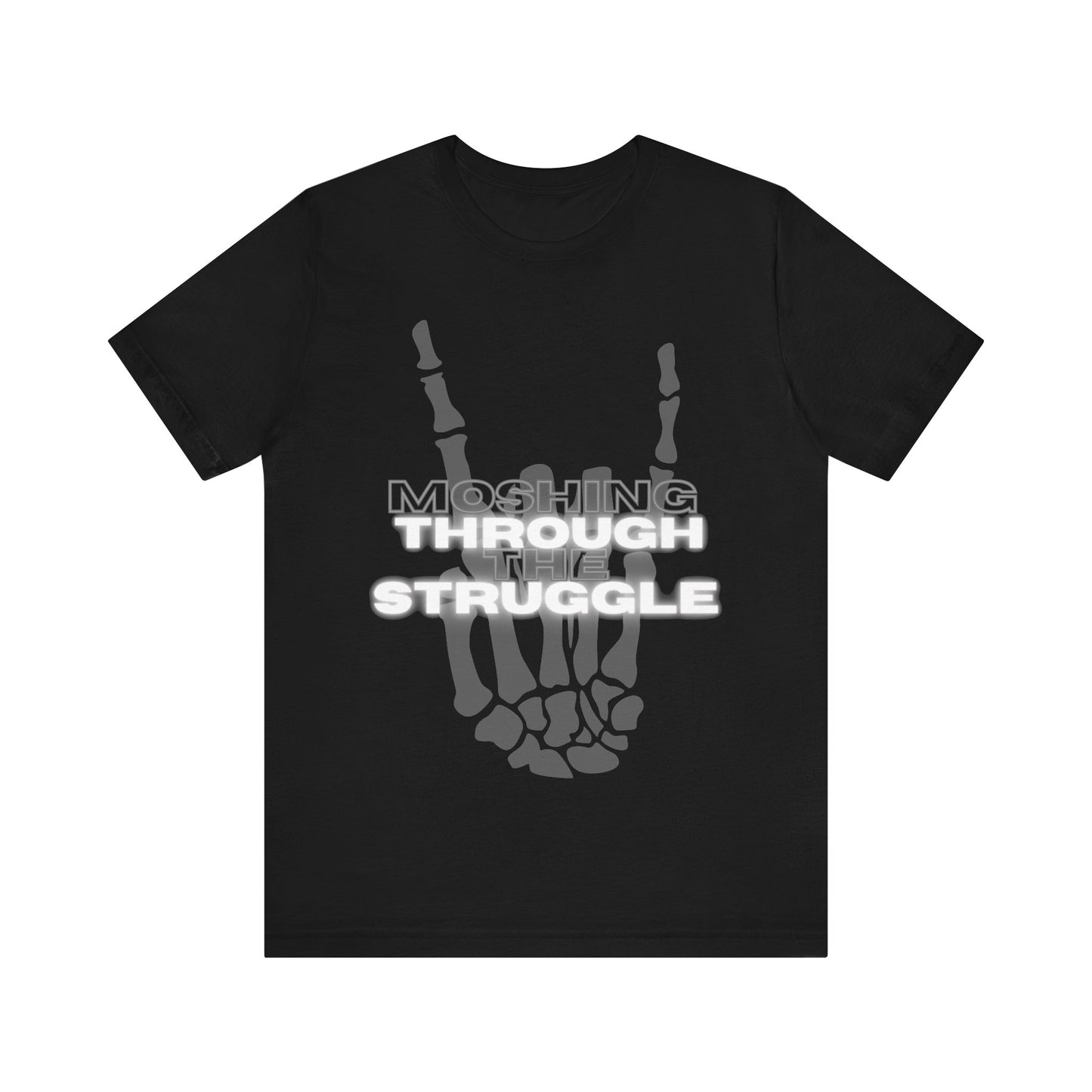 close up, Black colored , short sleeved Moshing Through the Struggle Shirt