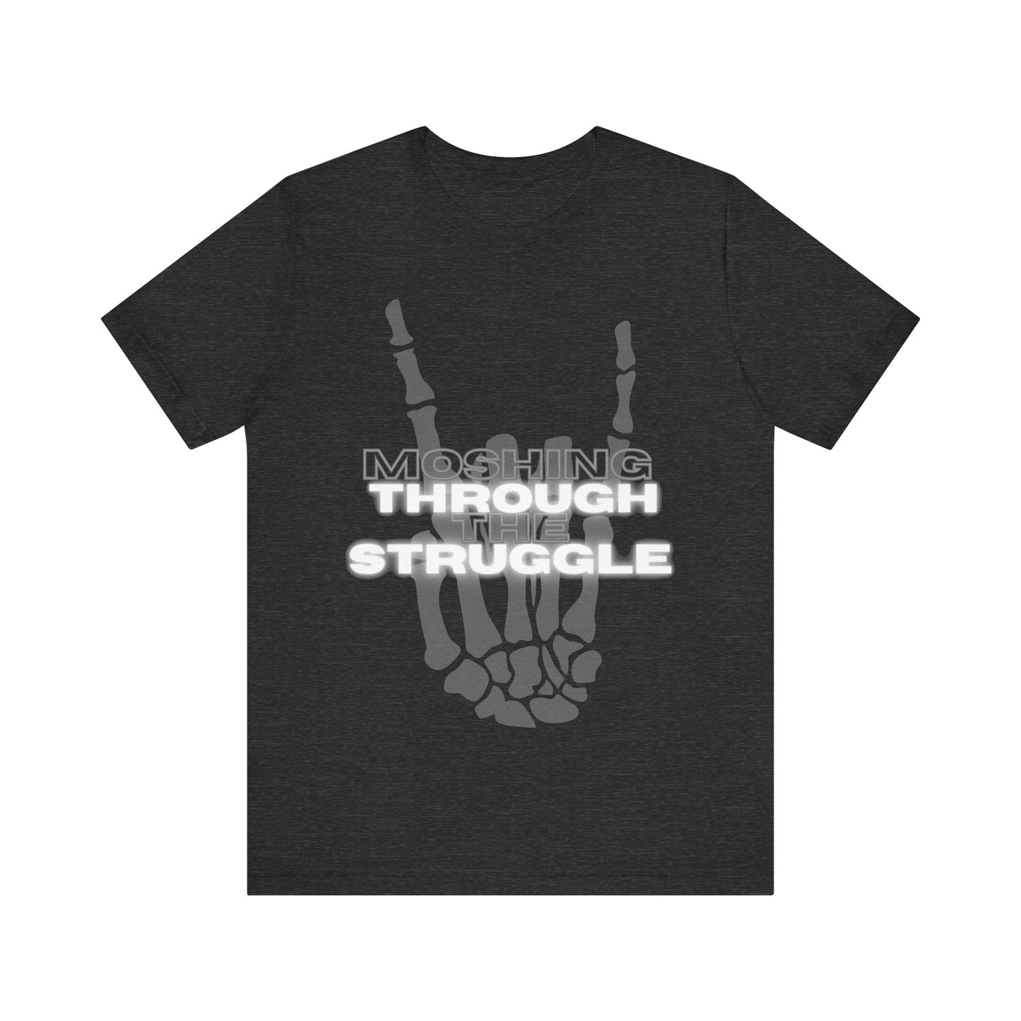close up, Dark Grey Heather colored , short sleeved Moshing Through the Struggle Shirt