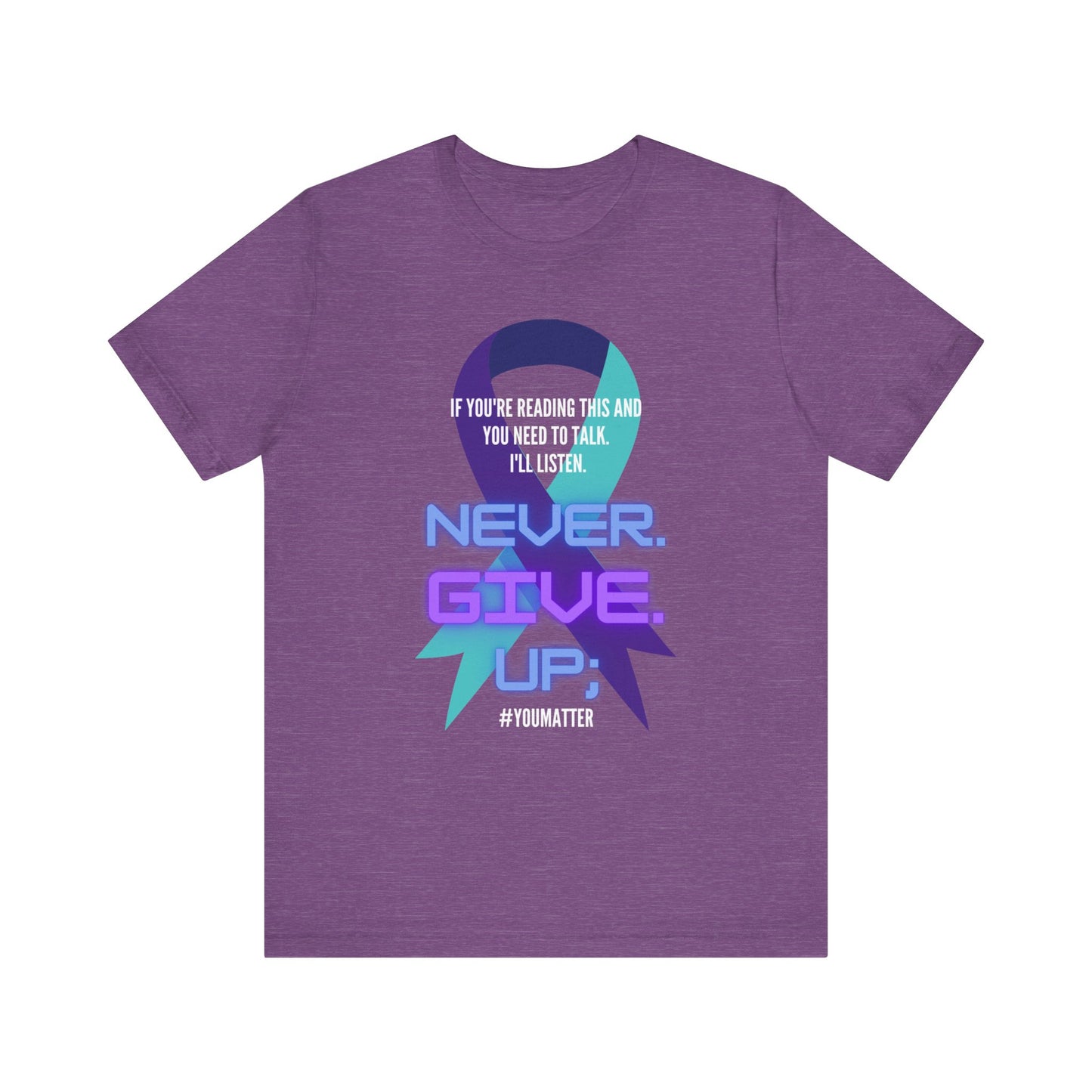 close up, Heather Team Purple colored Never Give Up short sleeved shirt