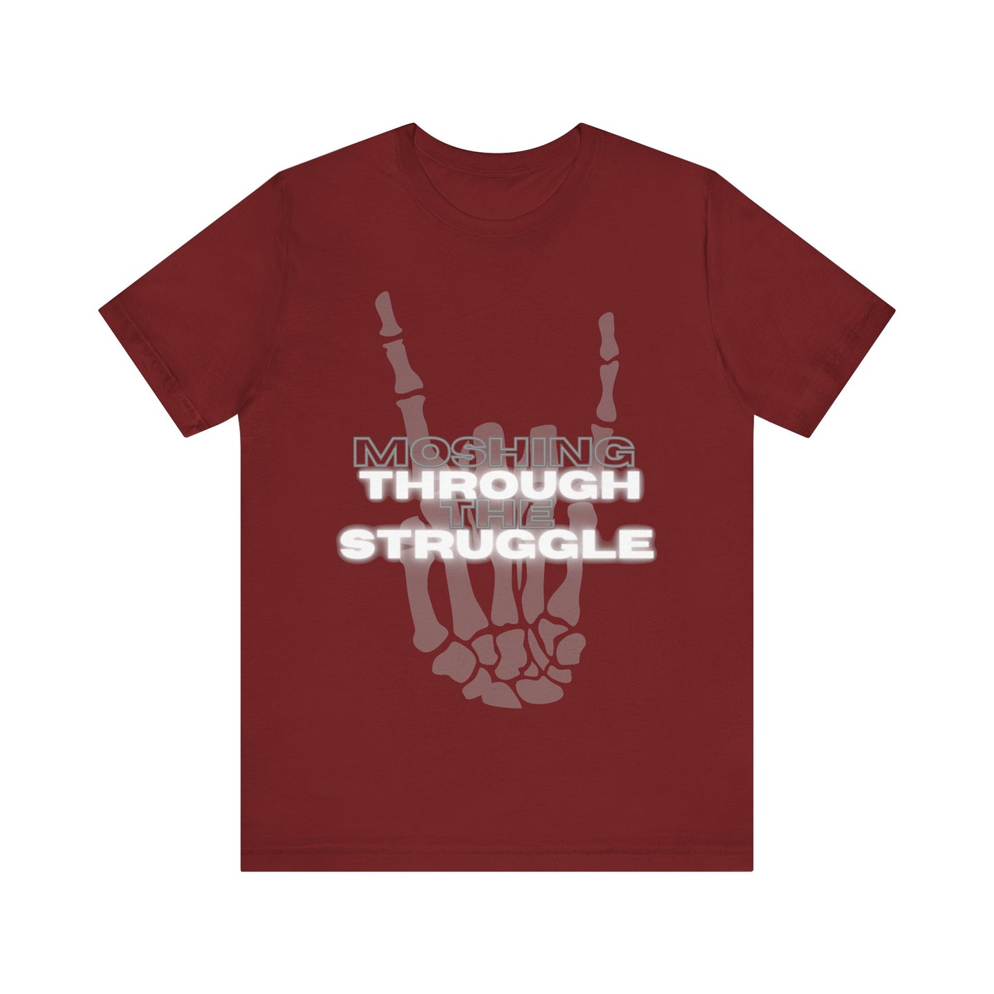 close up, Cardinal colored , short sleeved Moshing Through the Struggle Shirt