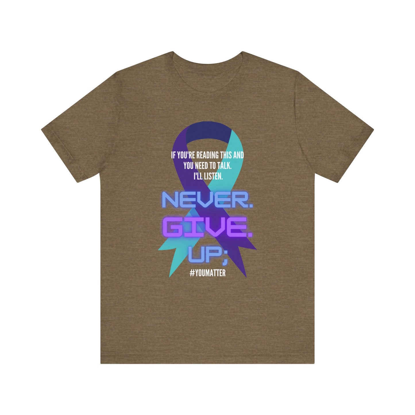 close up, Heather Olive colored Never Give Up short sleeved shirt