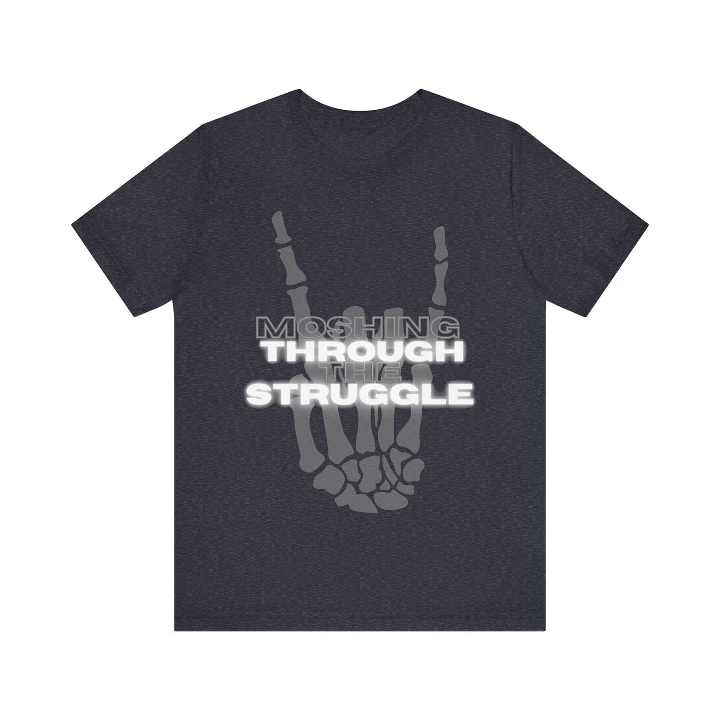 close up, Heather Navy colored , short sleeved Moshing Through the Struggle Shirt