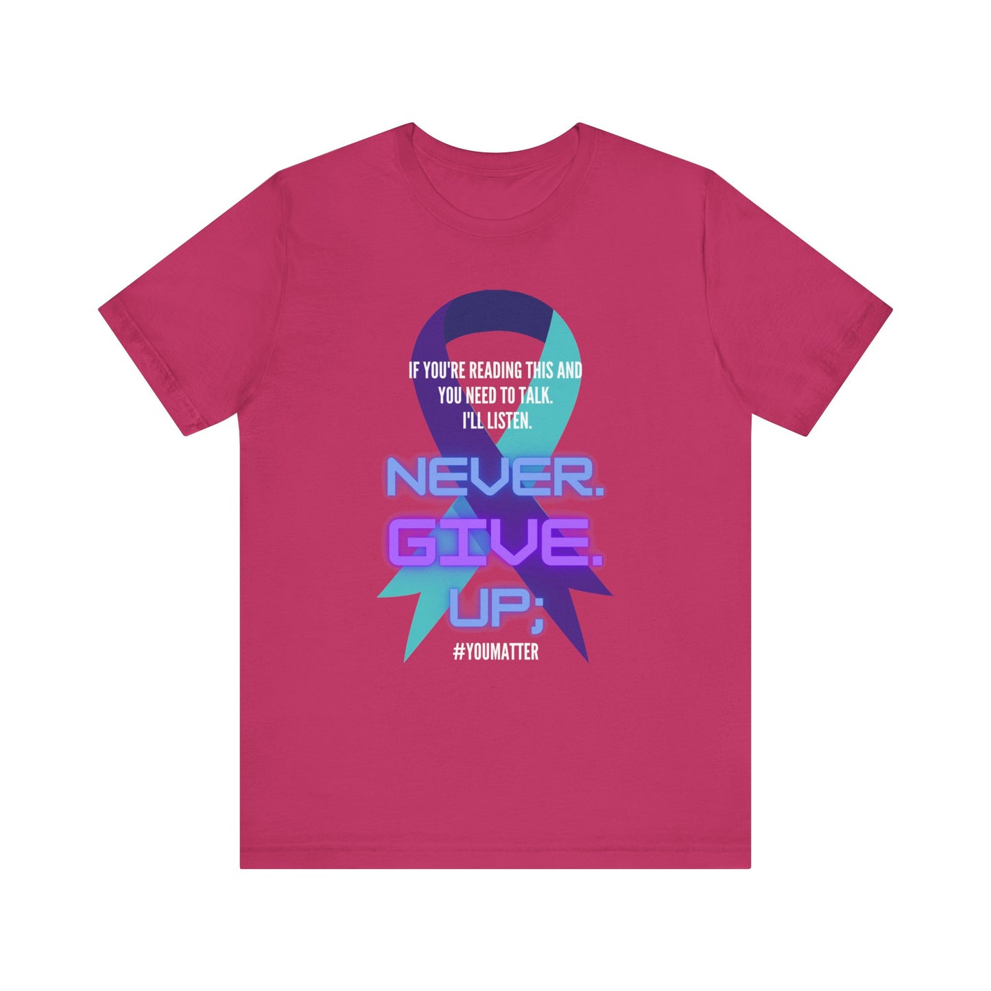 close up, Berry colored Never Give Up short sleeved shirt