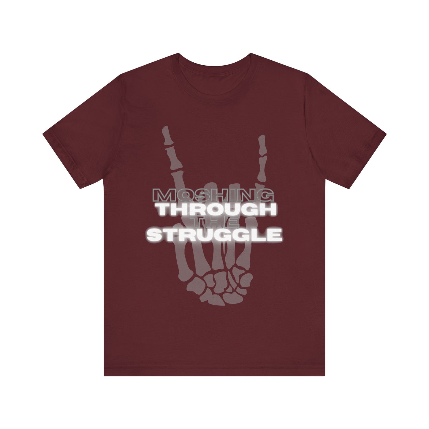 close up, Maroon colored , short sleeved Moshing Through the Struggle Shirt