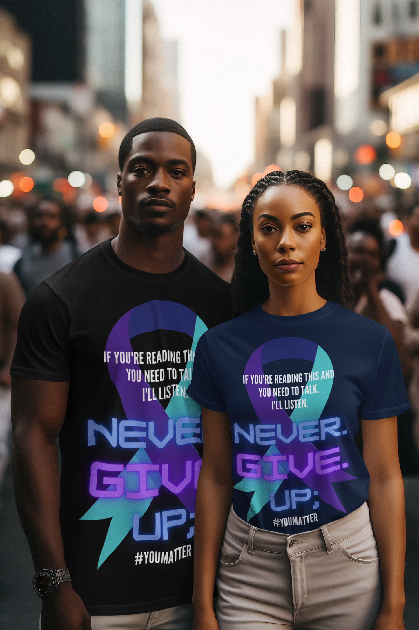 ai generated models wearing the black and heather true royal colored Never Give Up short sleeved shirt