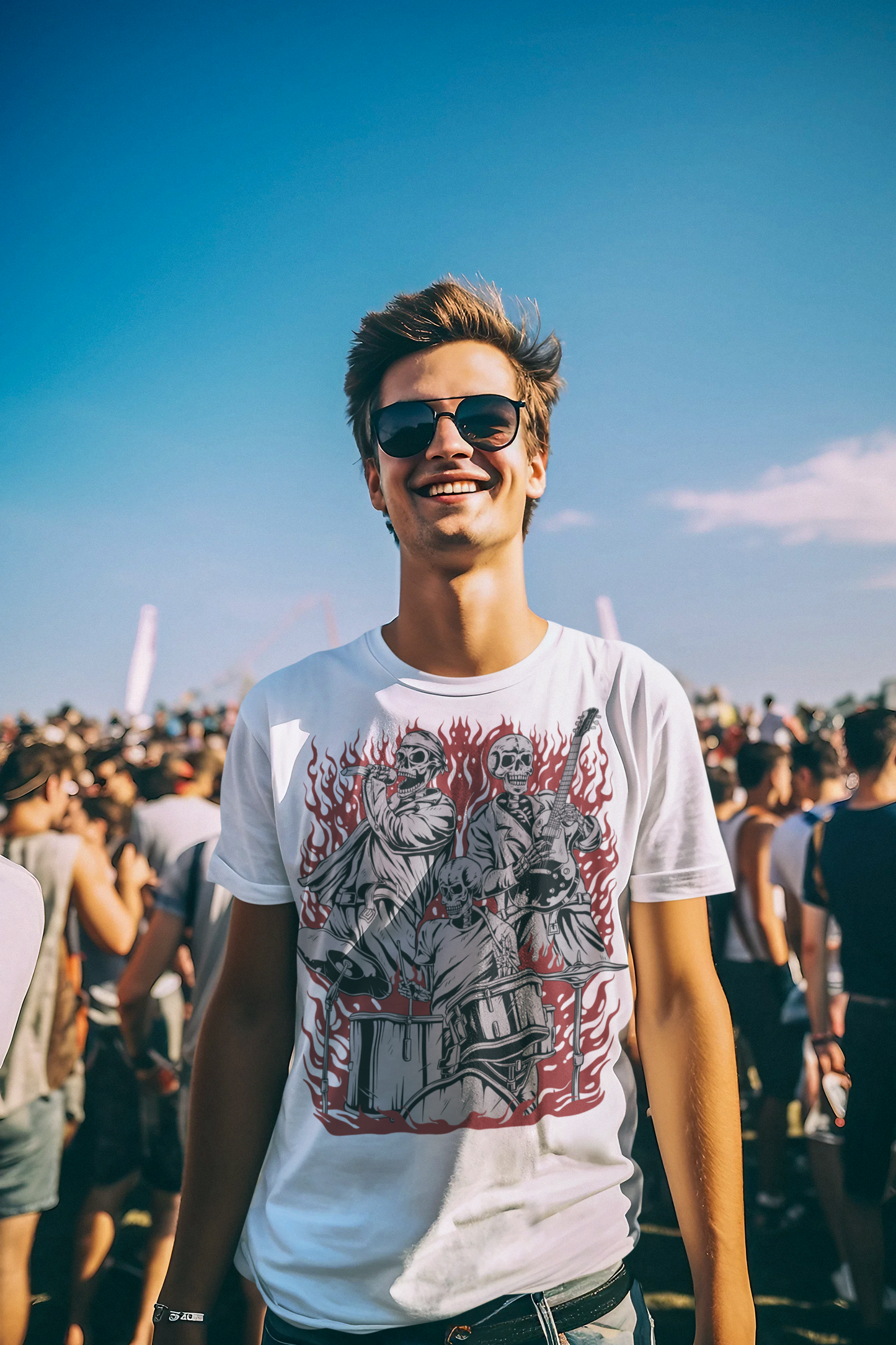 ai generated male model, wearing White colored Skull Band short-sleeved shirt