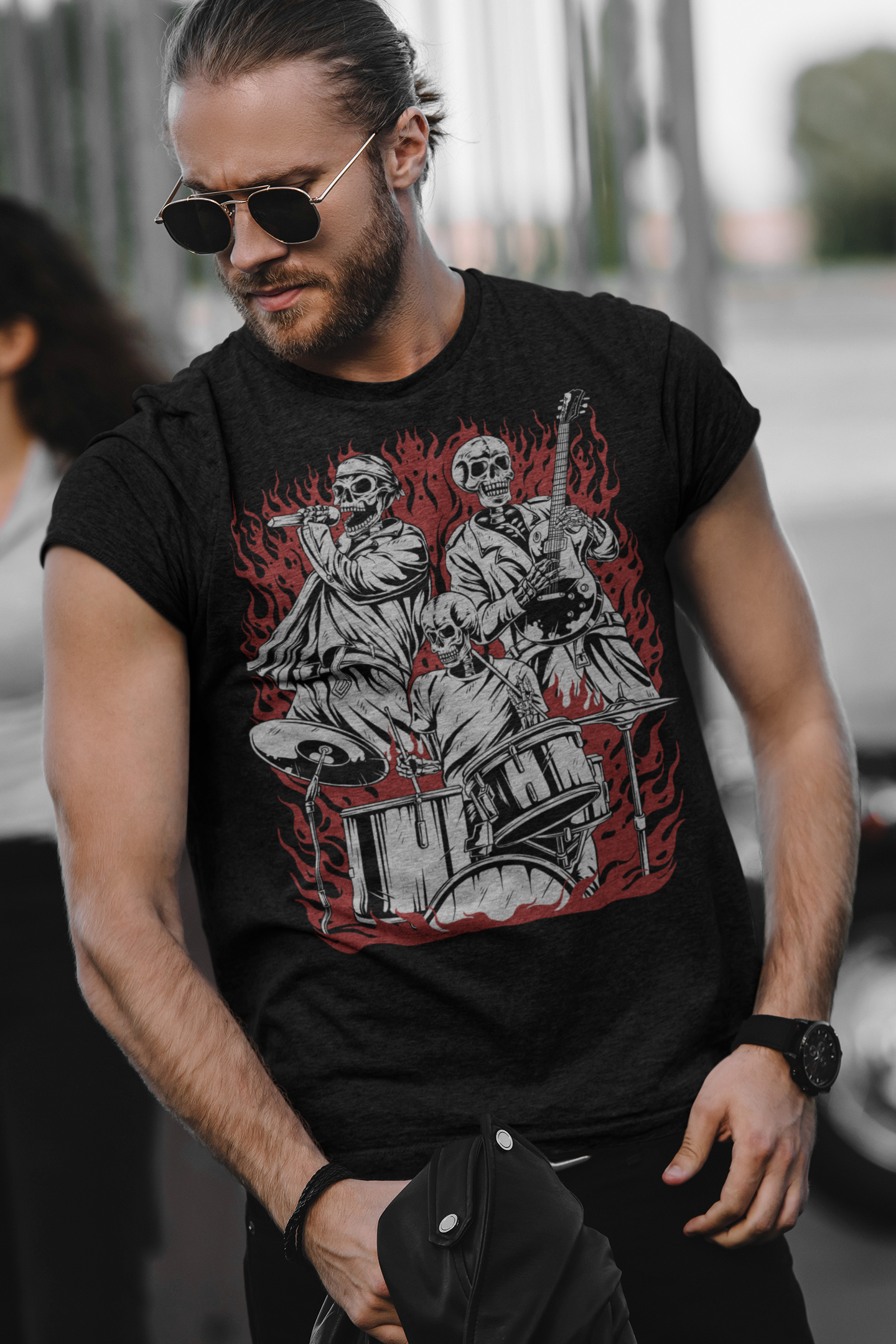 male biker model wearing Black colored Skull Band short-sleeved shirt