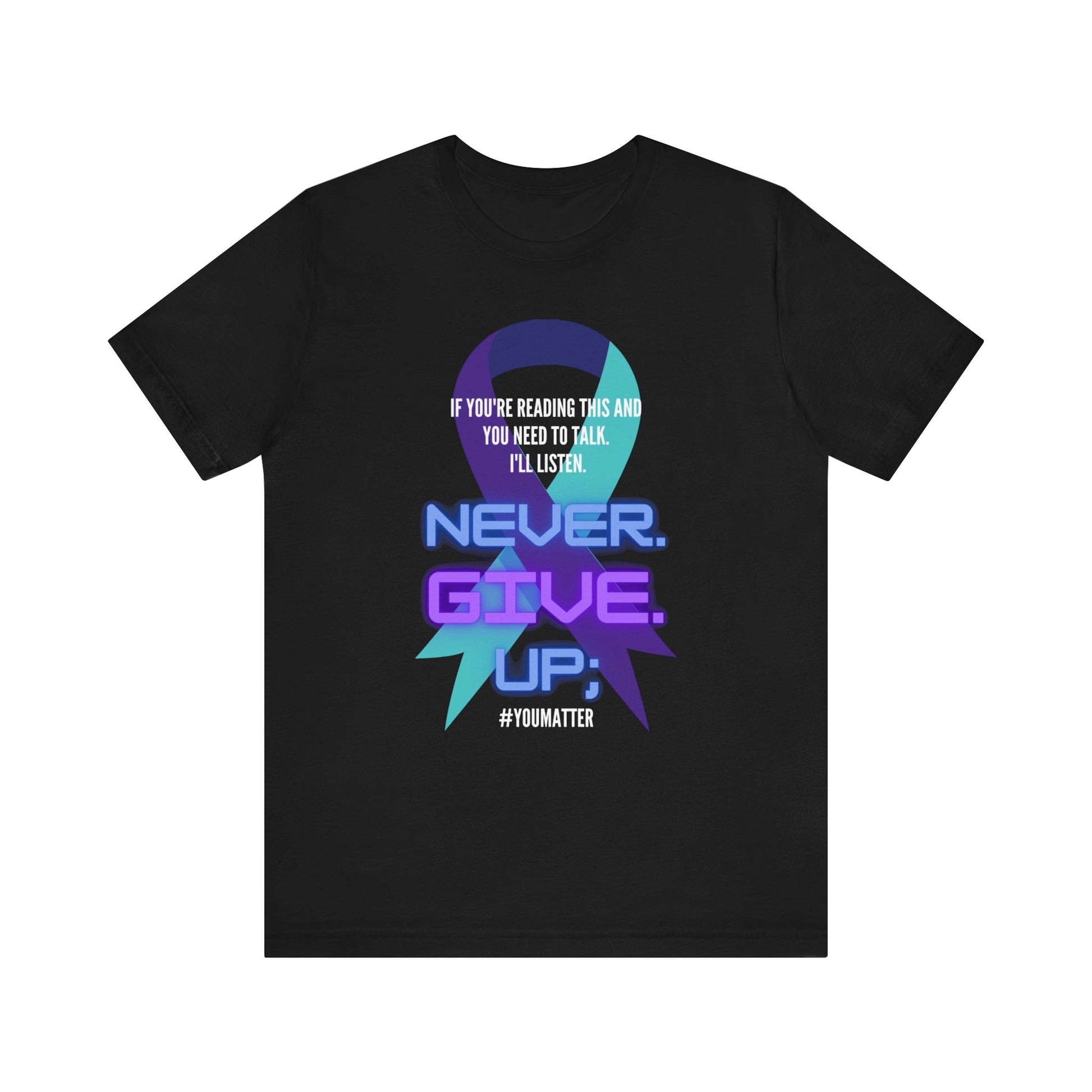 close up, black colored Never Give Up short sleeved shirt