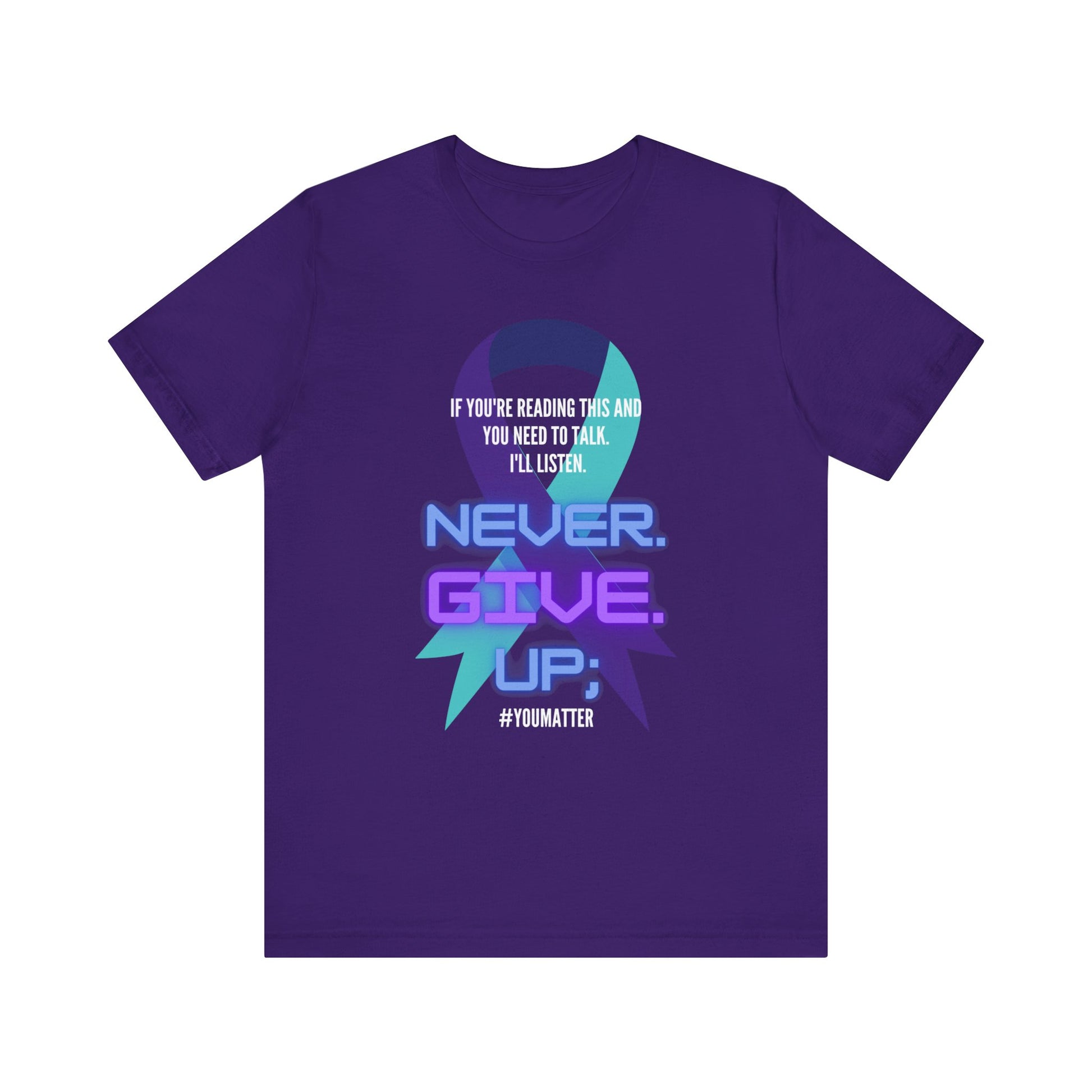 close up, Team Purple colored Never Give Up short sleeved shirt