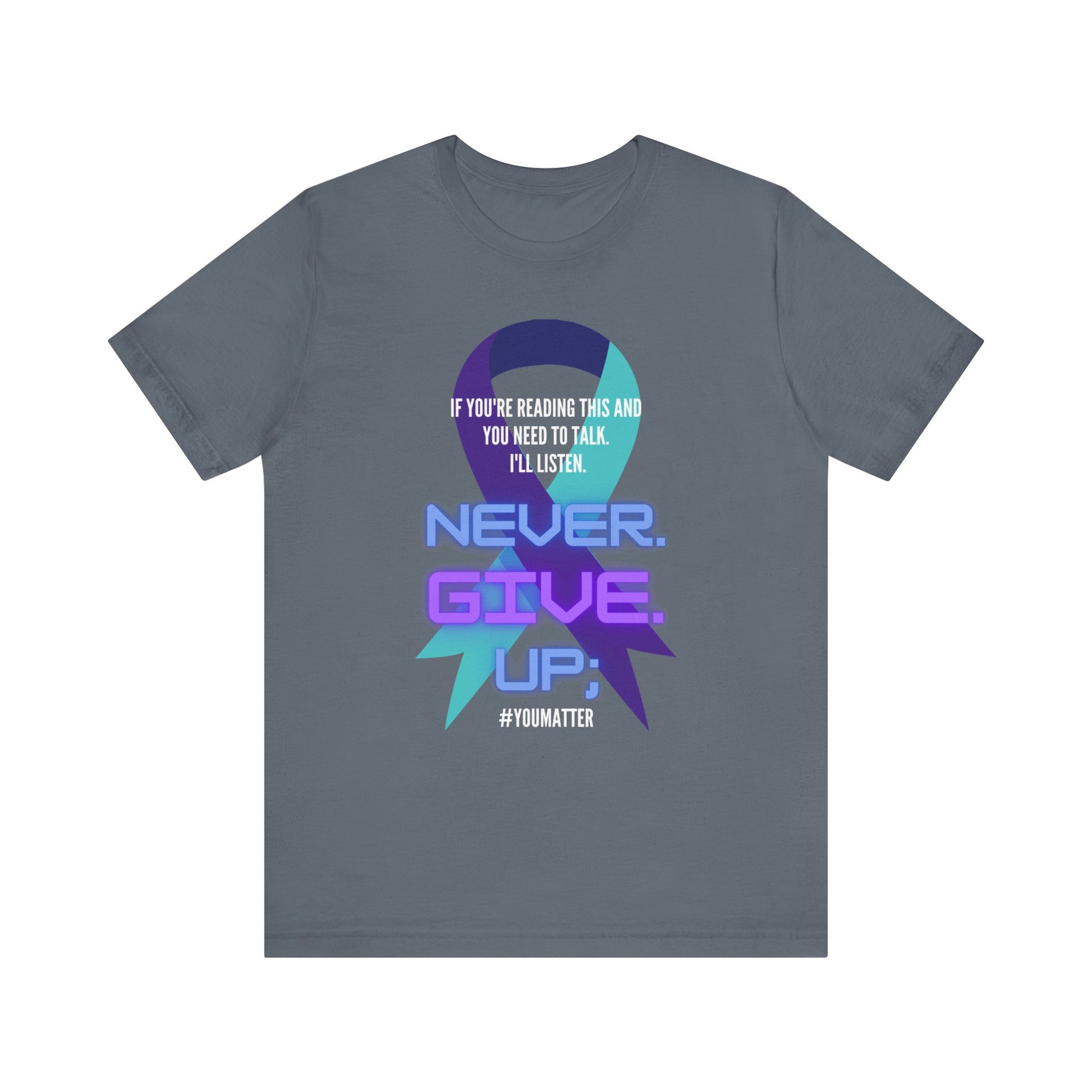 close up, Steel Blue colored Never Give Up short sleeved shirt